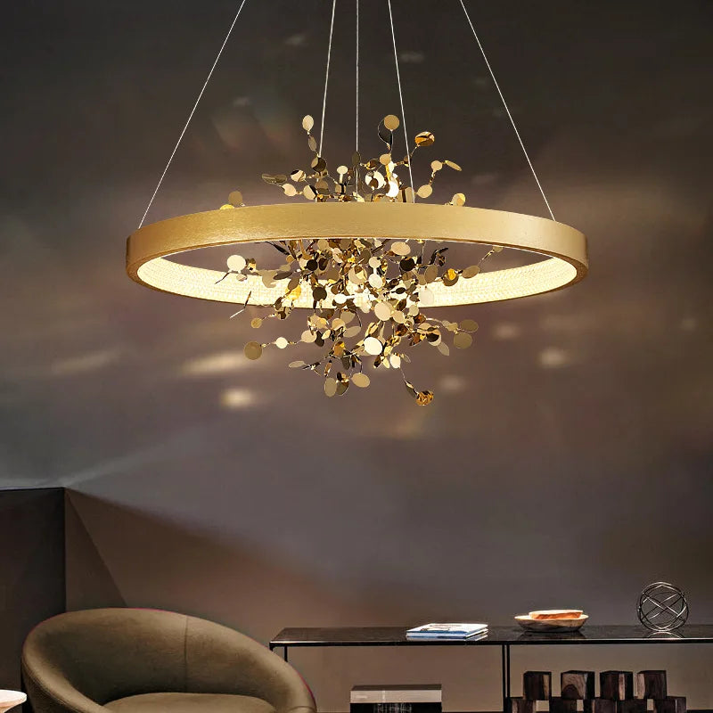 lustre led de luxe moderne en cuivre pour hôtel