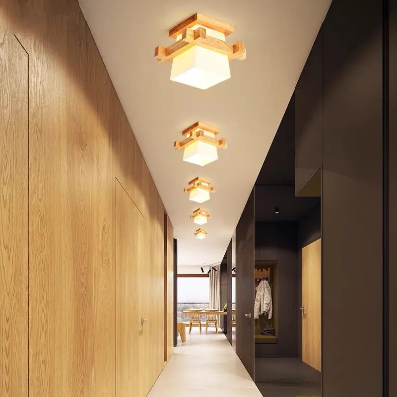 plafonnier led japonais avec abat-jour en verre et base en bois