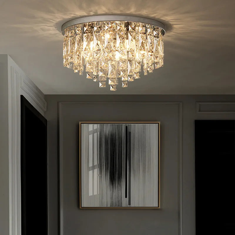 plafonnier led moderne en acier chromé avec cristaux k9 art déco