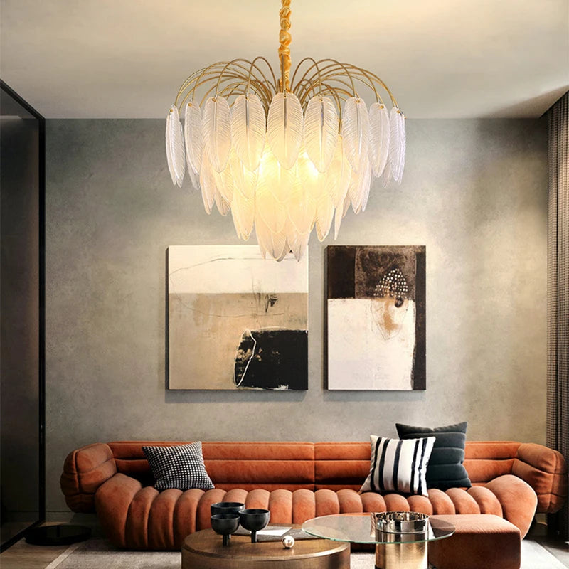 LED moderne verre blanc plume d'oie or argent Lustre éclairage Lustre lampes suspendues Suspension Luminaire Lampen pour Foyer