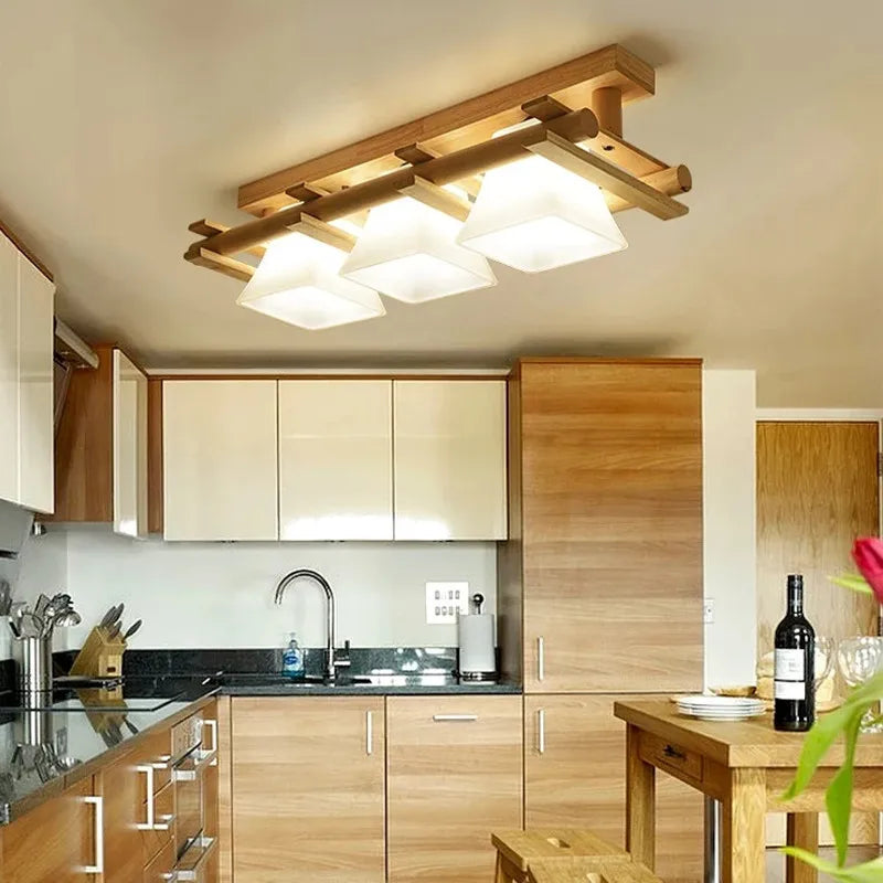 plafonnier led japonais avec abat-jour en verre et base en bois