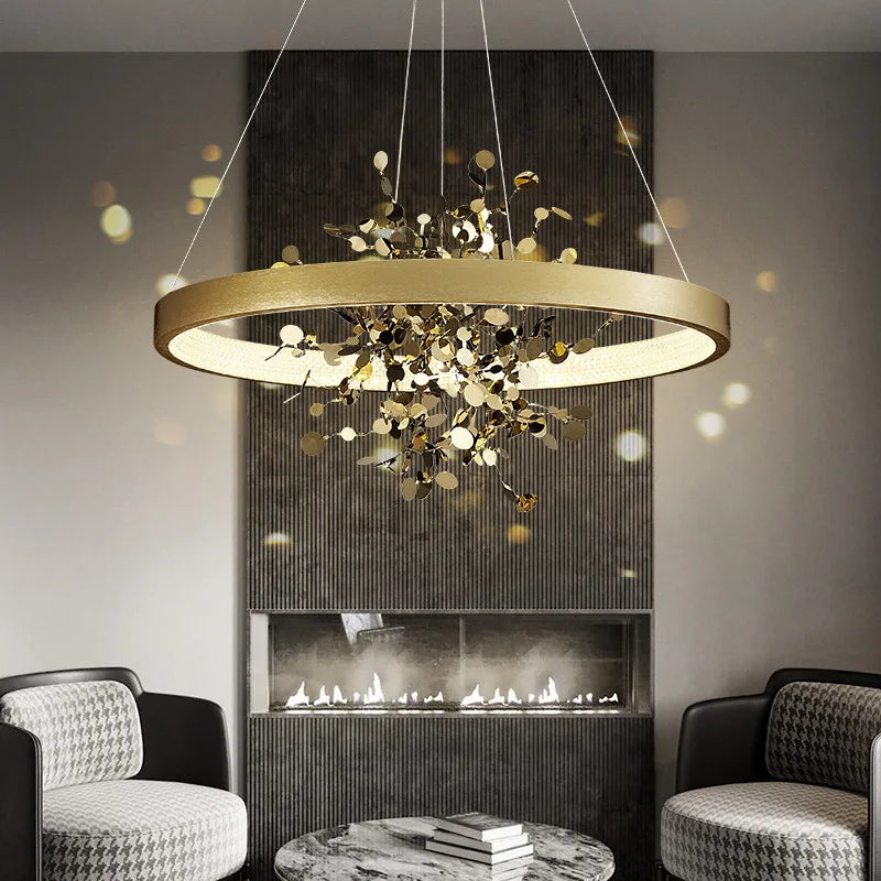 lustre led de luxe moderne en cuivre pour hôtel