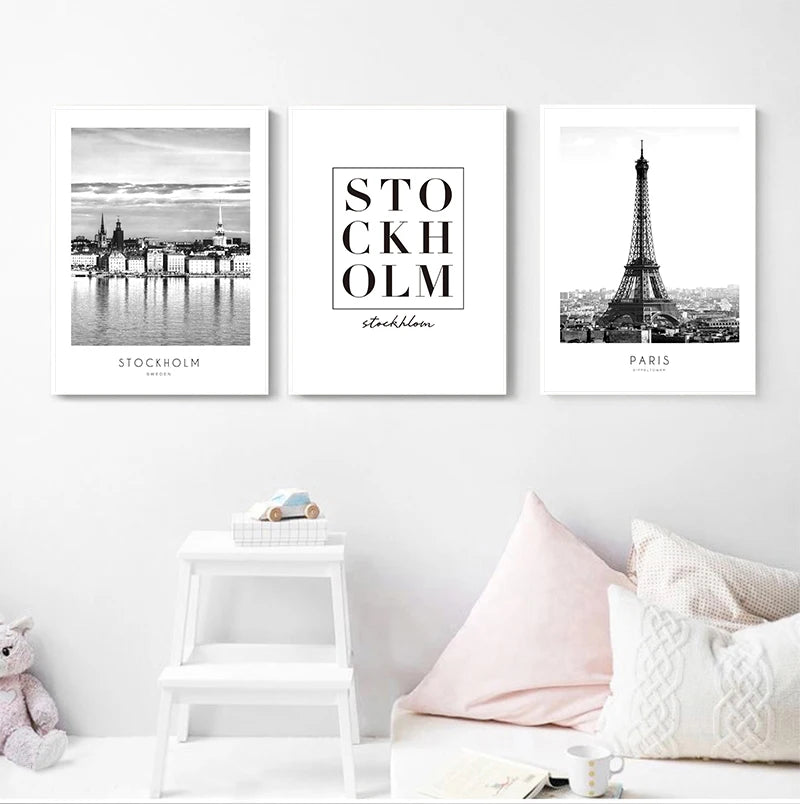 affiches modernes d'art mural de villes en noir et blanc