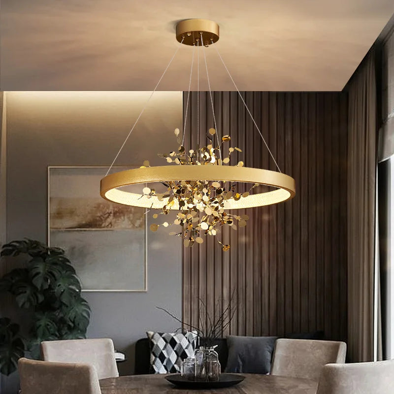 lustre led de luxe moderne en cuivre pour hôtel