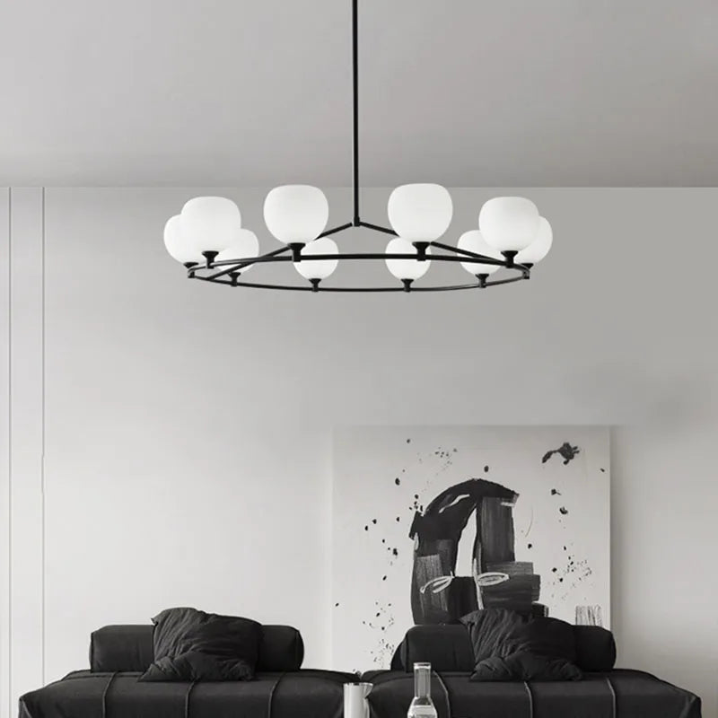 lustre réglable en hauteur avec anneaux en cuivre et verre blanc