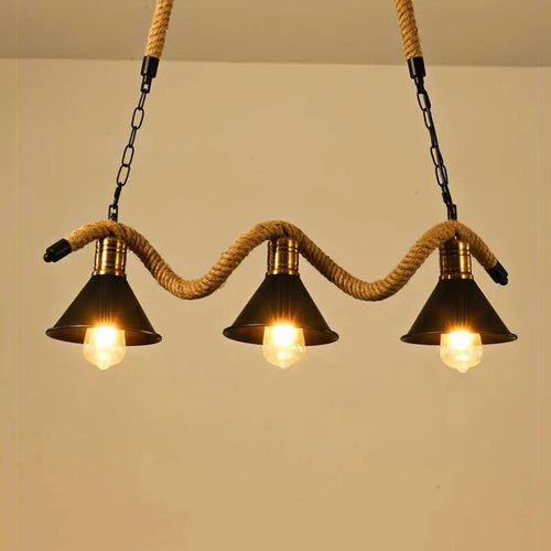 lustre industriel vintage à trois têtes en corde de chanvre
