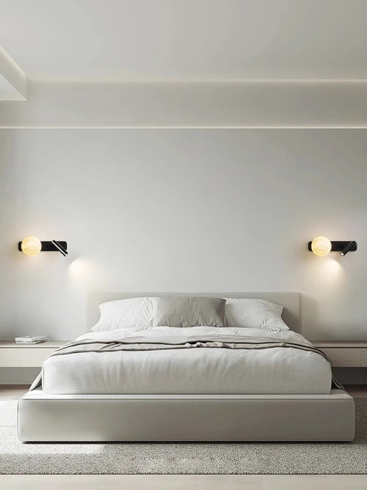 Modern Minimalist Black Rotatable All Copper Natural Marble Wall Lamp, Bedroom Bedside Lamp, Light Luxury Living Room Wall Lamp