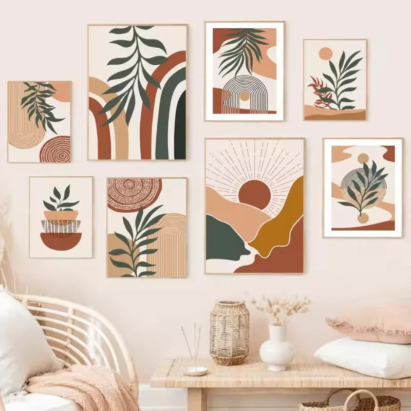 art mural abstrait feuilles boho pour décoration moderne
