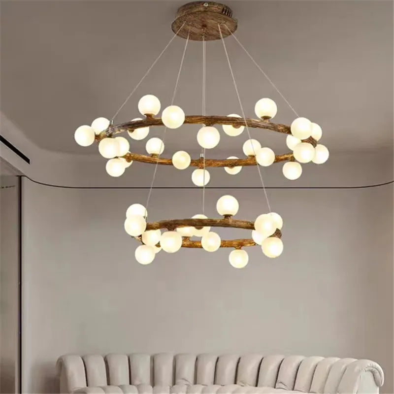 lustre nordique en bois avec anneau de personnalité et verre laiteux
