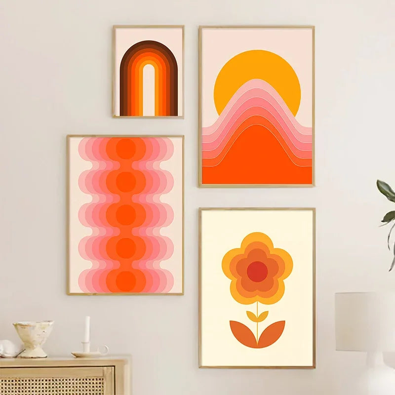 impressions d'art rétro coucher de soleil fleurs et papillons décor mural boho