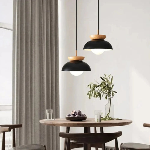 Suspension moderne à leds en bois avec abat-jour métal minimaliste