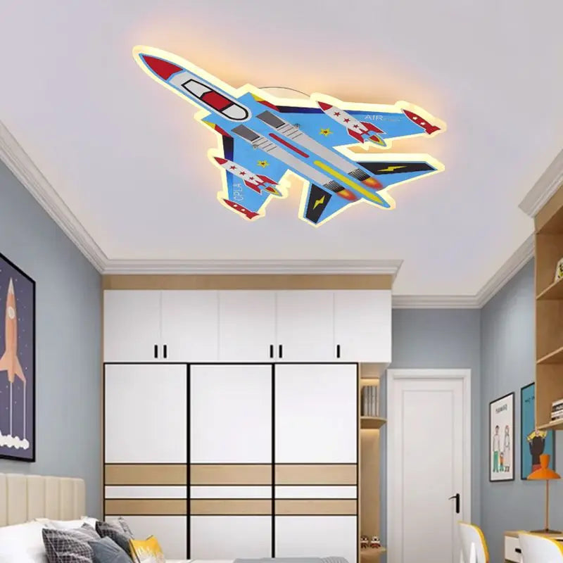Cartoon Blue Airplane Ceiling Lamps LED Boy Bedroom Ceiling Light Eye Protection Baby Kids Room Remote Control Plane Lamp 220V