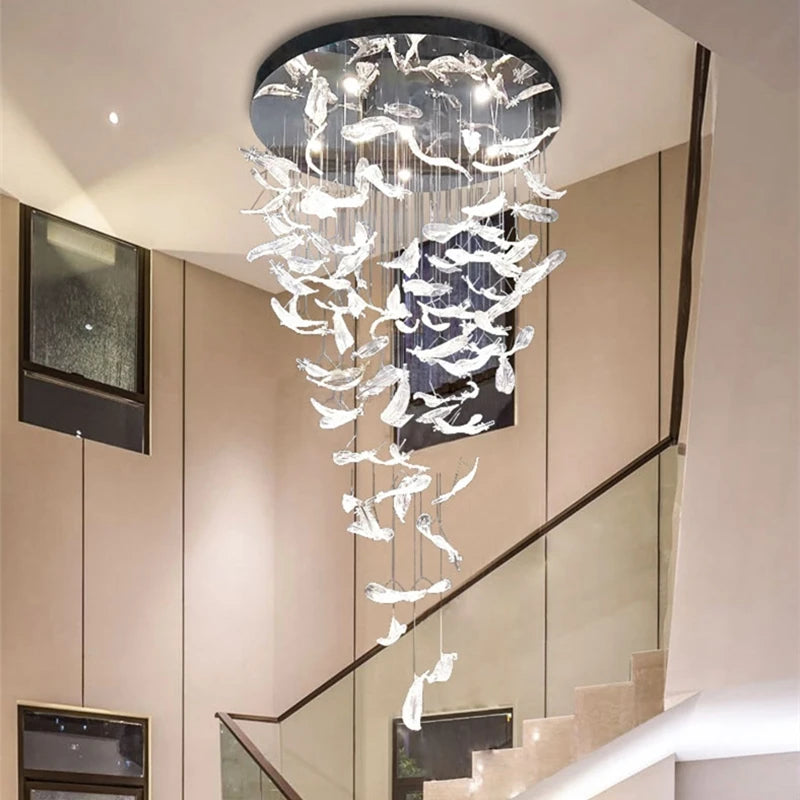 lustre plume en cristal led moderne en acier inoxydable