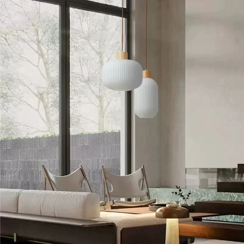 Suspension à rayures en verre blanc nordique lustre de Restaurant en bois Simple pour salle à manger cuisine chevet lampe suspendue au plafond