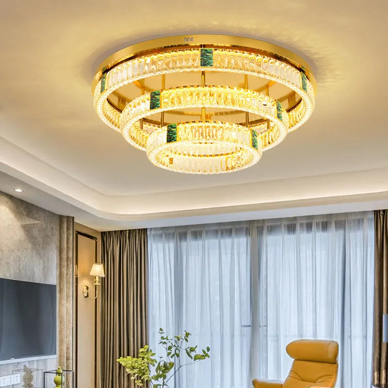 lustre moderne en cristal rond à 3 couches avec led