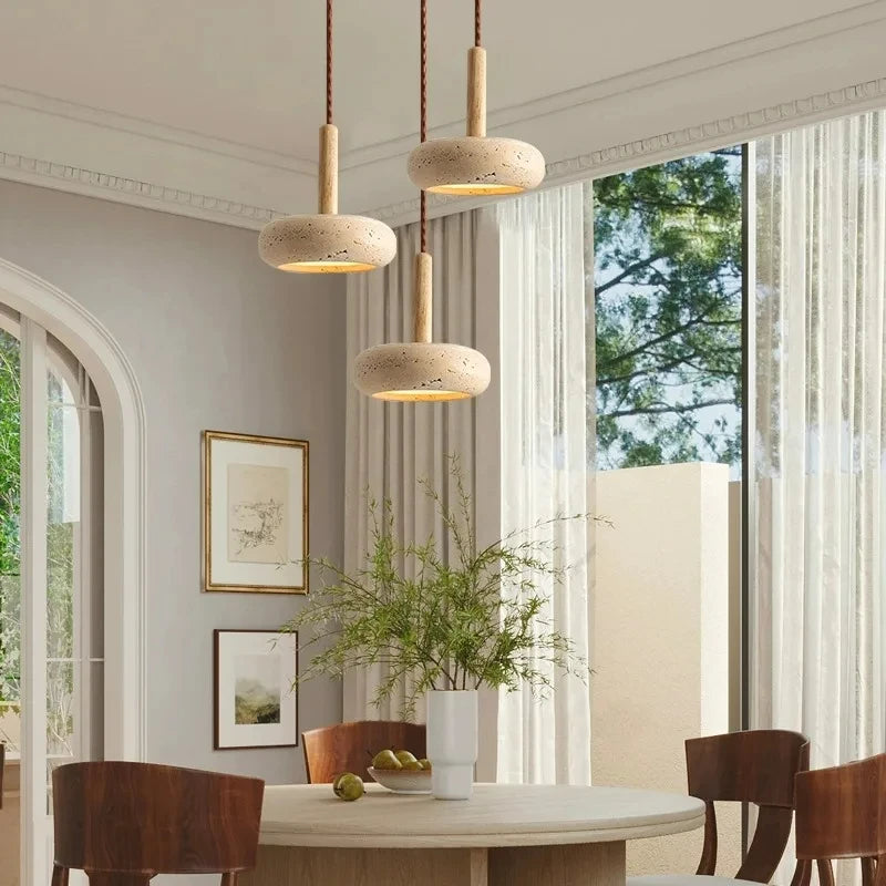 lustre moderne en bois avec suspension led en pierre