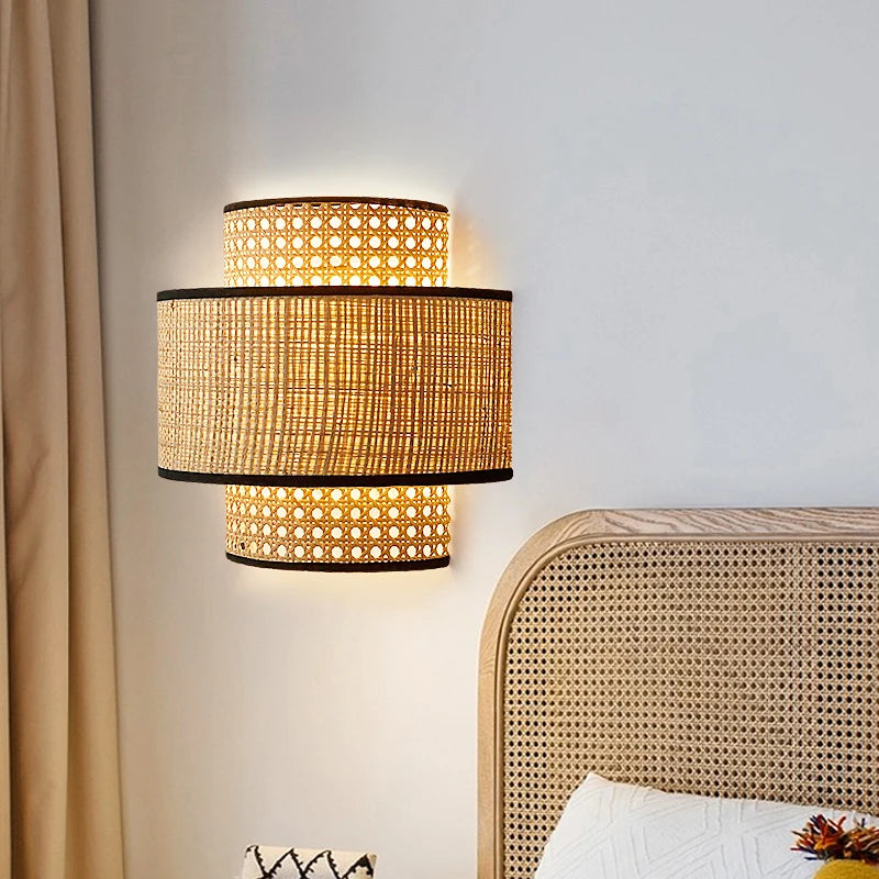 applique murale wabi sabi vintage en rotin faites à la main éclairage led