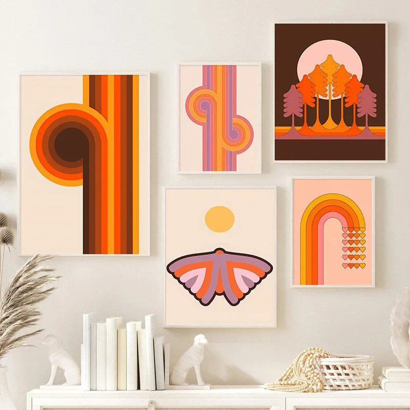 impressions d'art rétro coucher de soleil fleurs et papillons décor mural boho