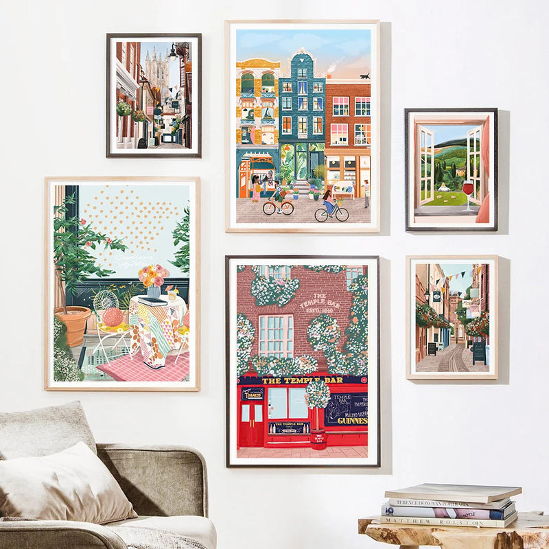 art mural aquarelle ville côtière décoration nordique peinture décorative