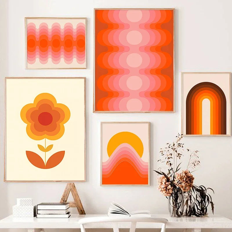 impressions d'art rétro coucher de soleil fleurs et papillons décor mural boho