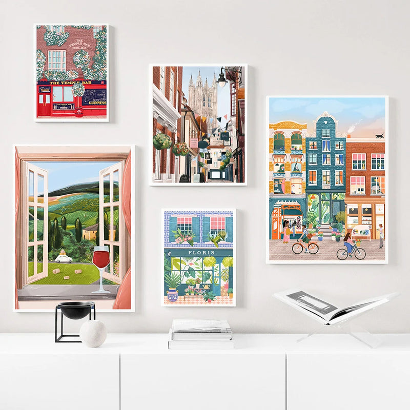 aquarelle ville côtière affiches art mural décor nordique