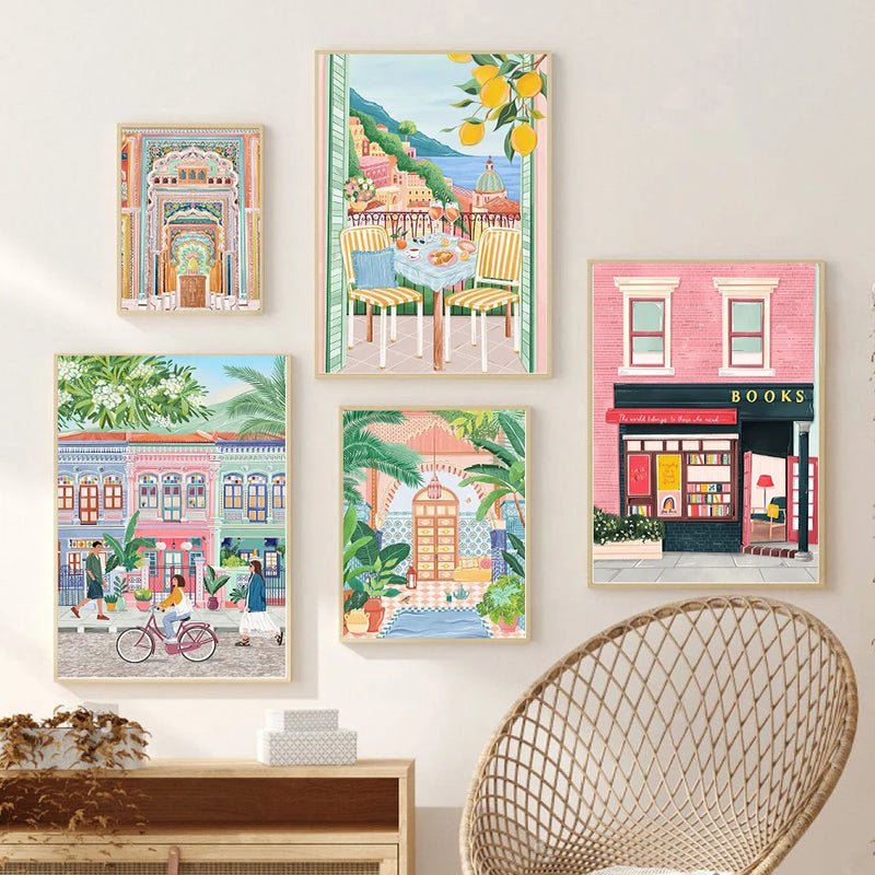 peinture artistique rétro de ville côtière avec navire