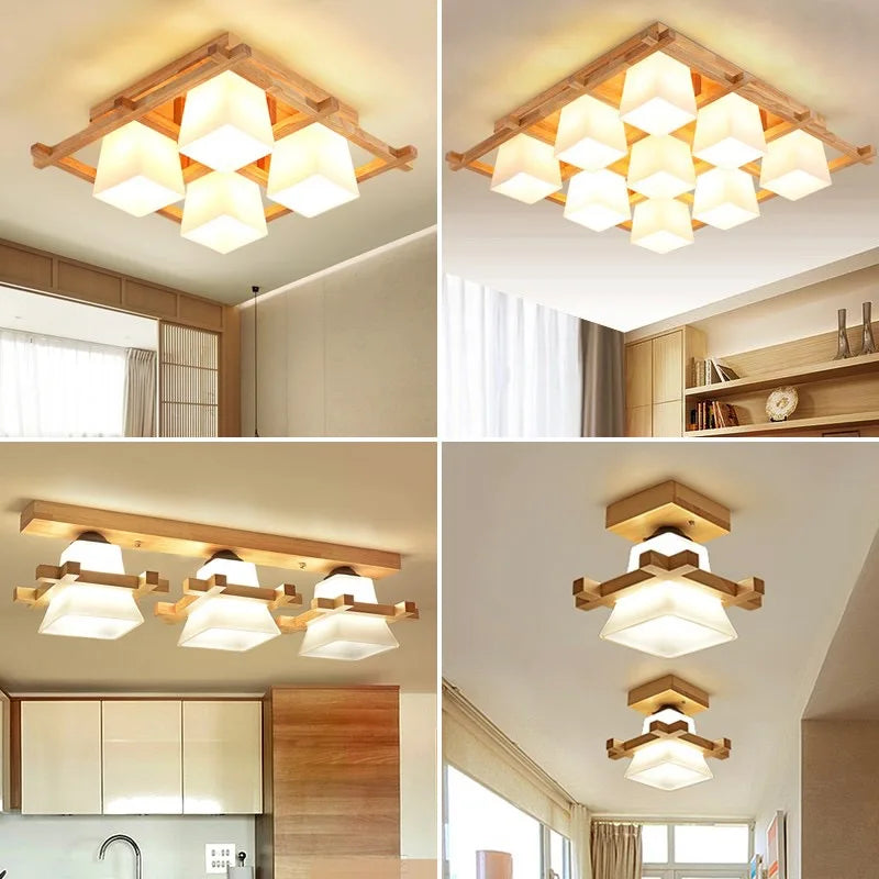 plafonnier led japonais avec abat-jour en verre et base en bois