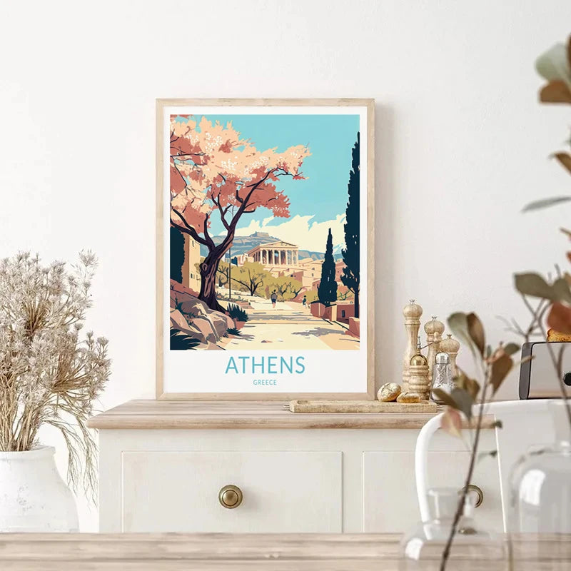 affiche rétro de voyage château et île de santorin art mural décoratif