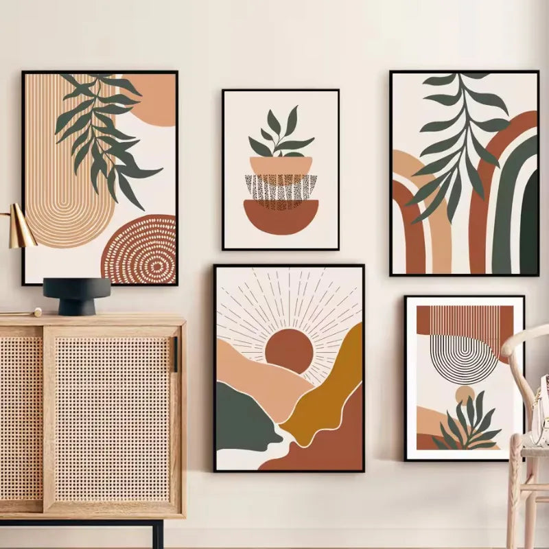 art mural abstrait feuilles boho pour décoration moderne