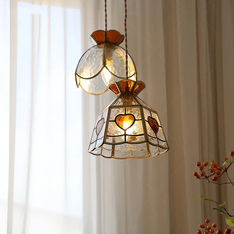 Suspension vintage en cuivre avec abat-jour en verre fait main