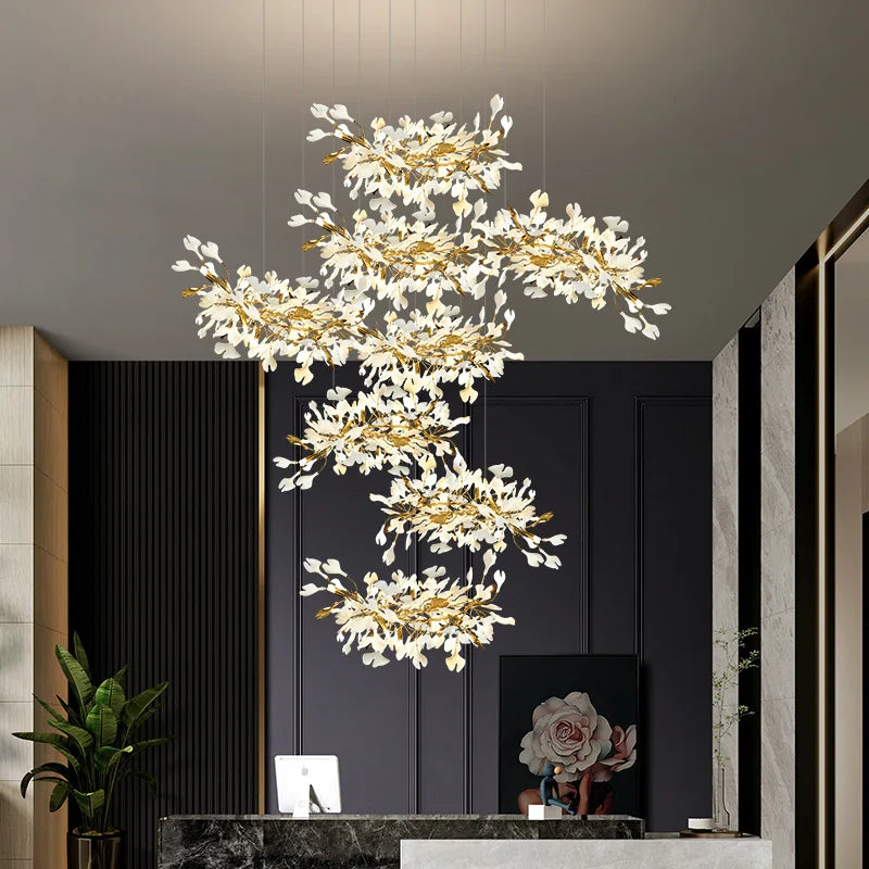 Ginkgo feuille cage d'escalier long lustre lumière atmosphérique villa de luxe duplex bâtiment loft hall d'hôtel lampes d'art créatives
