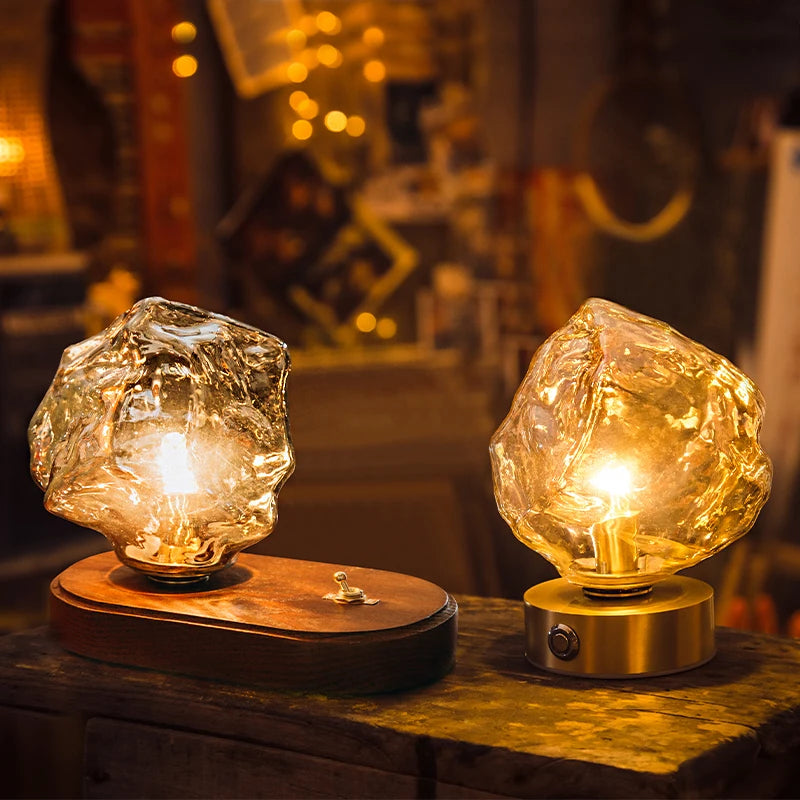 Lava Ice Cube Walnut Glass Bedside Chandelier, Lava Glass Table Lamp for Hallway Entry Bedroom Living Room Lighting Home Light