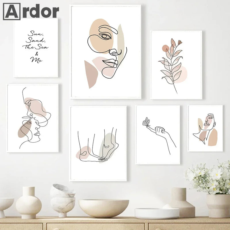 affiches abstraites de couples en baiser et art minimaliste