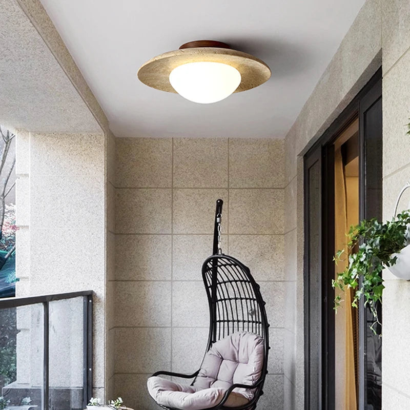 plafonnier wabi sabi en travertin forme de disque pour intérieur et extérieur