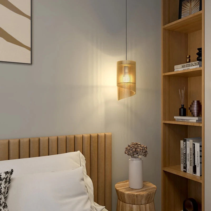 lustre wabi-sabi en bois avec éclairage led suspendu