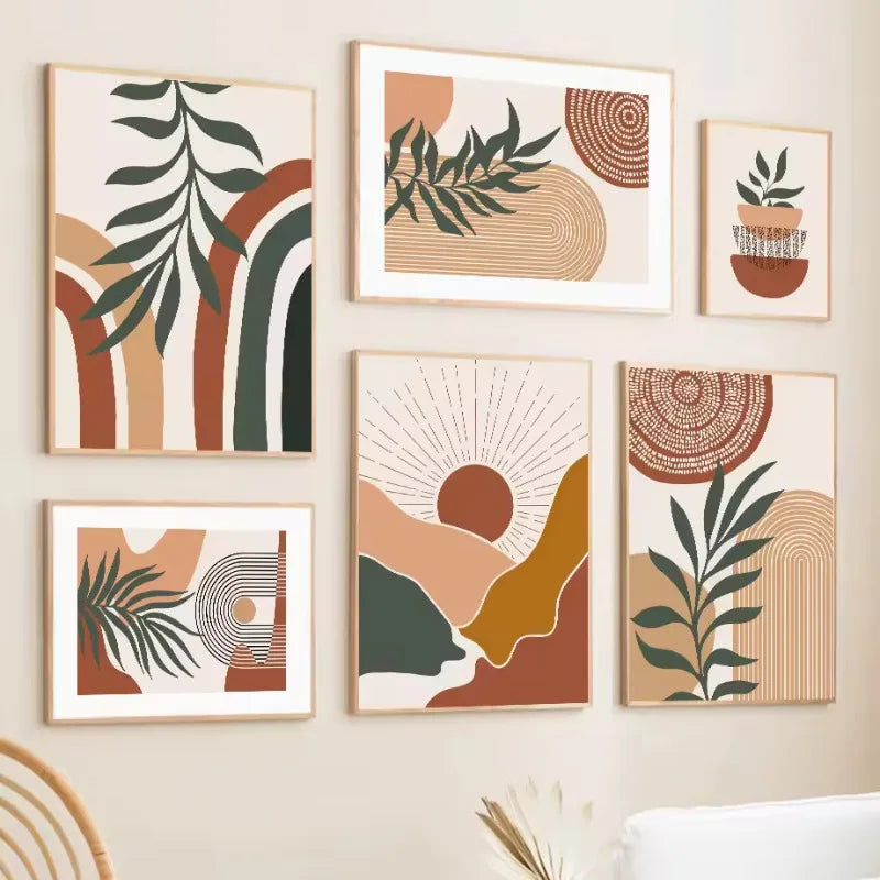 art mural abstrait feuilles boho pour décoration moderne