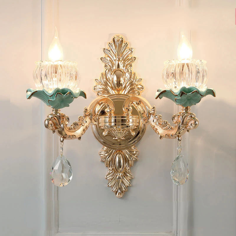 Lustre céramique à fleurs et cristal