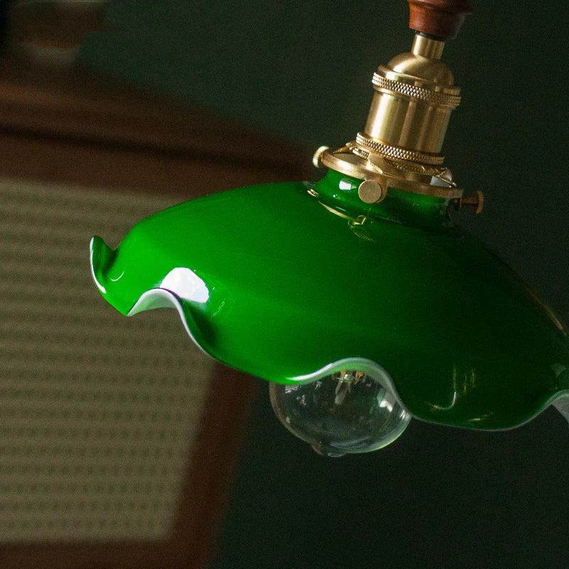 Suspension vintage style américain en cuivre bois et verre