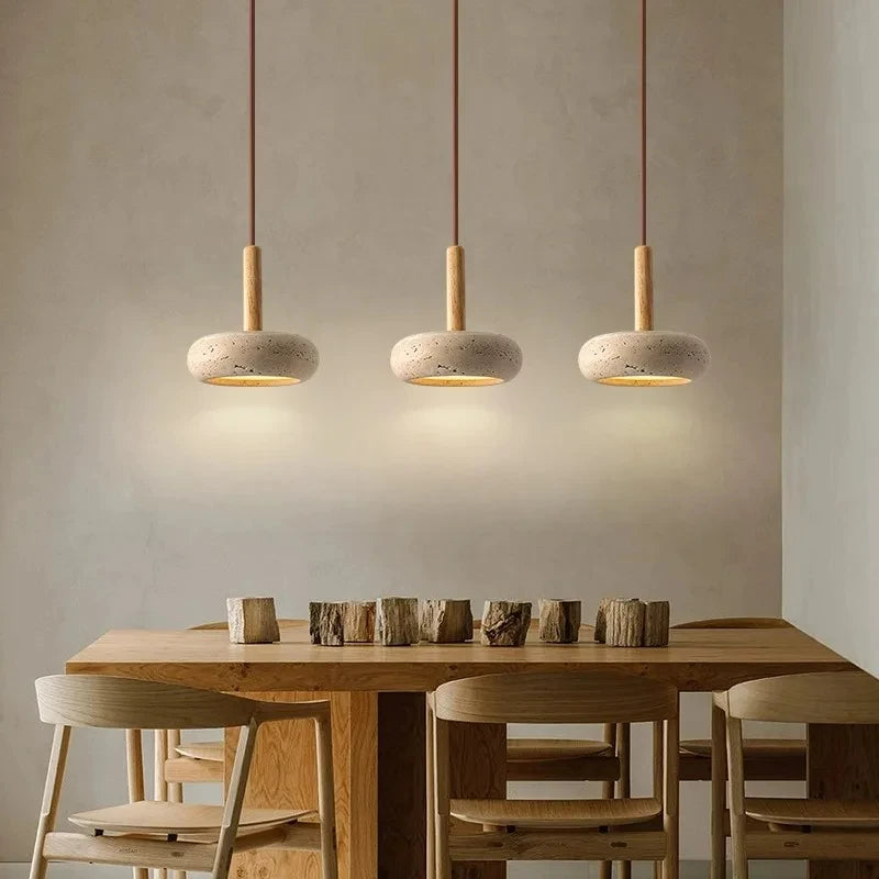 lustre moderne en bois avec suspension led en pierre