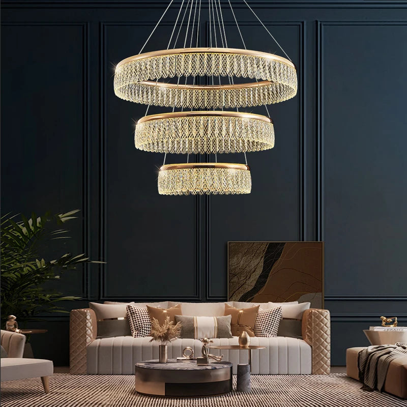 lustre led en cristal losange rond à plusieurs anneaux luxueux