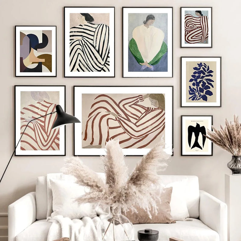 pyjama rayé femme géométrie feuille affiche mur art rétro