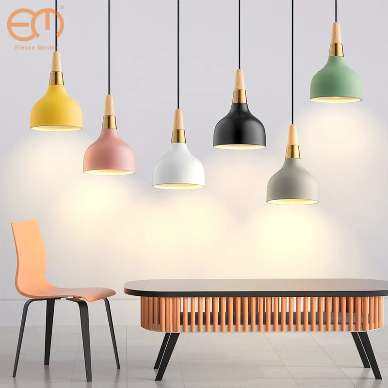 suspension led nordique en fil de fer forme macaron en bois