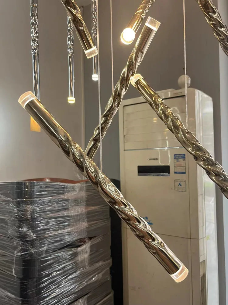 lustre double escalier spirale led moderne grand cylindre