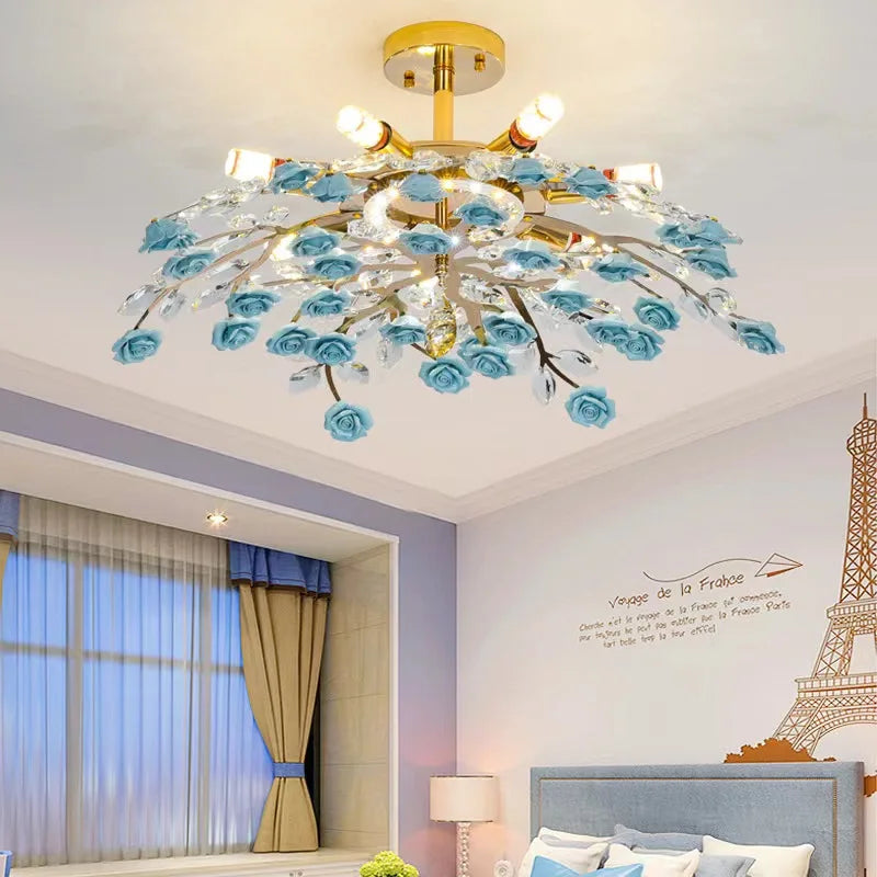 plafonnier en céramique de luxe moderne avec fleurs en cristal