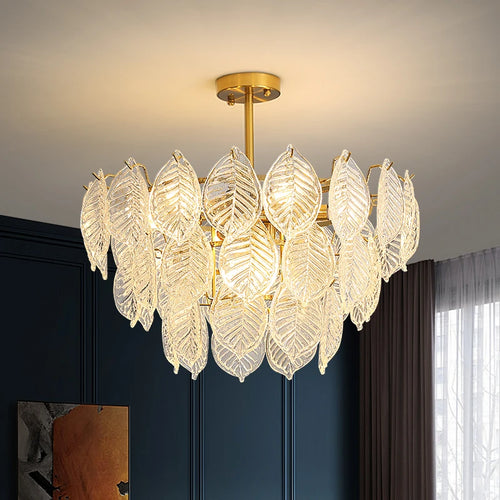 lustre moderne en verre suspendu avec décoration de feuilles