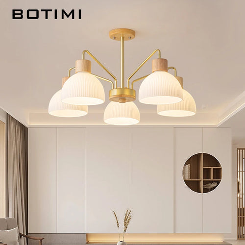 lustre botimi en bois avec abat-jour en verre 3 lumières 5 leds incluses