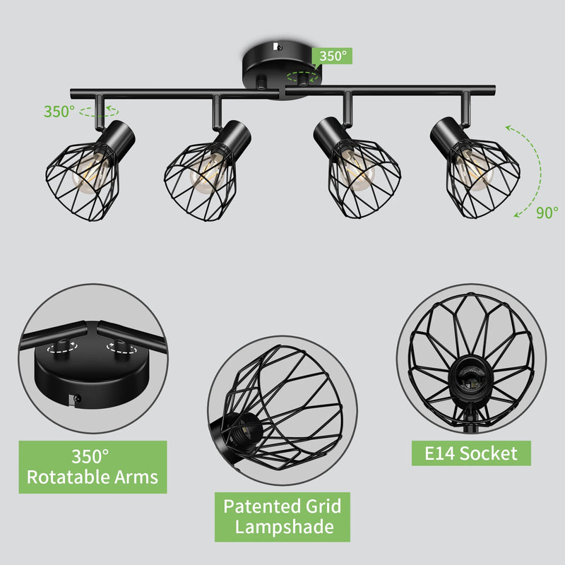 Plafonnier LED 4 voies rotatif - Lumières noires/blanches - Luminaires de plafond - Cage métallique pour plafond E14 - Spot de plafond