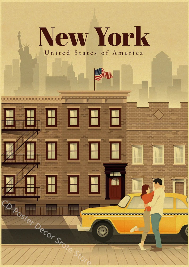 affiche rétro des villes du monde pour décoration murale