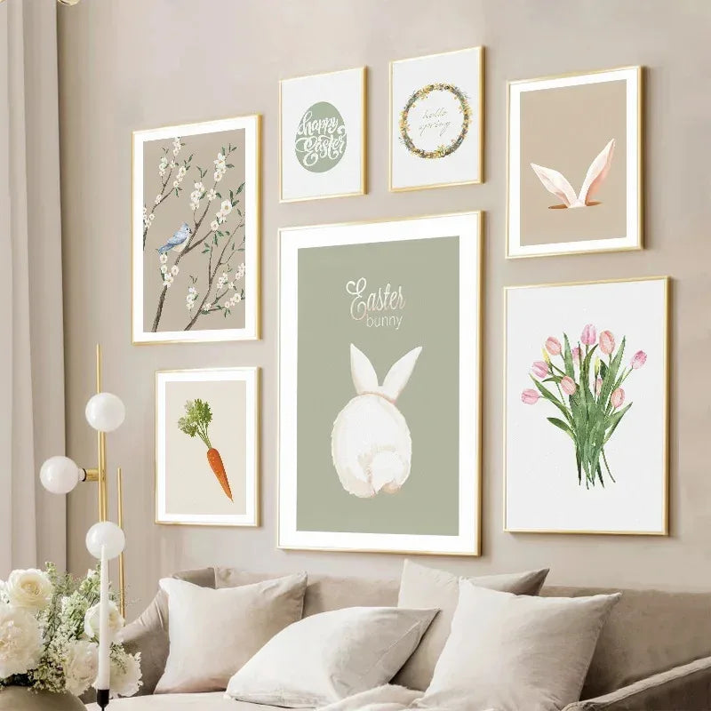 affiches de pâques lapin radis oeuf fleur art mural décoration printemps