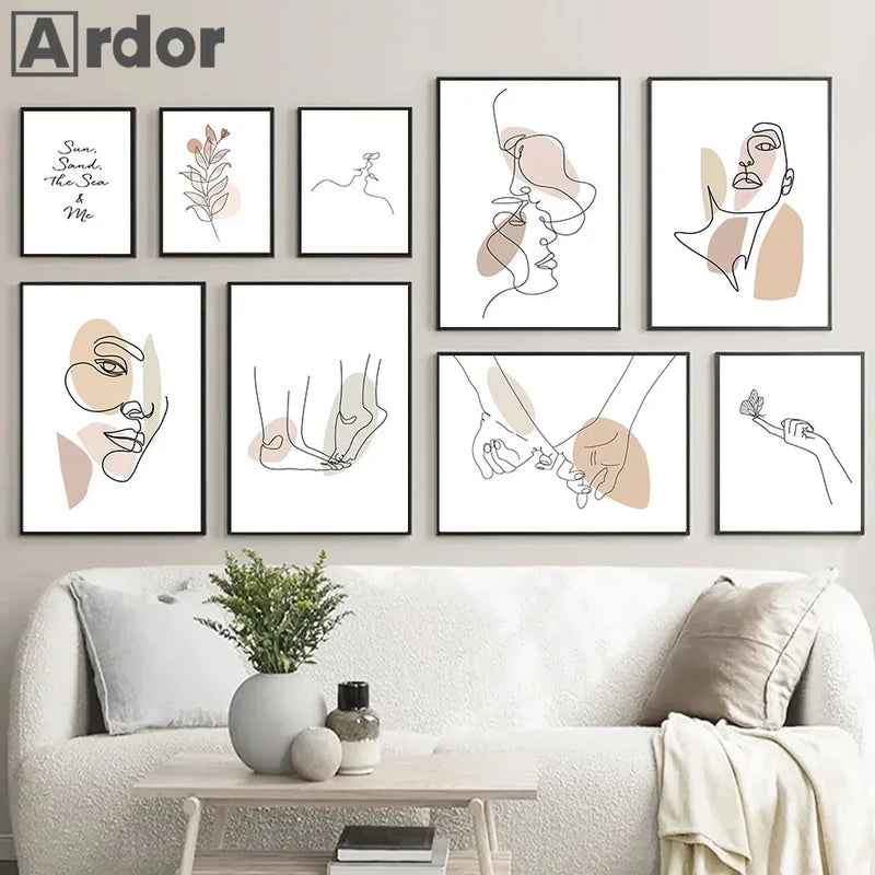 affiches abstraites de couples en baiser et art minimaliste